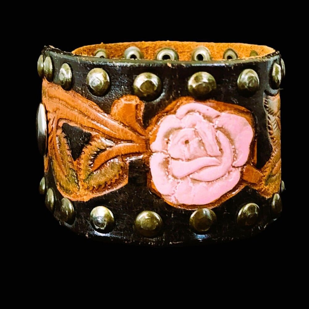 Vintage Deadstock Tooled Leather Rose Cuff Bracelet